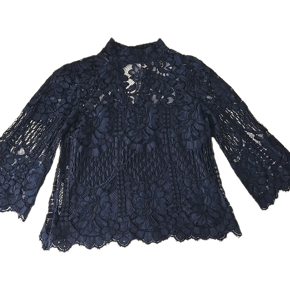 Allison Joy Evereve Liza Lace Top Navy Black Mock Neck Bell Sleeve XS NWT
